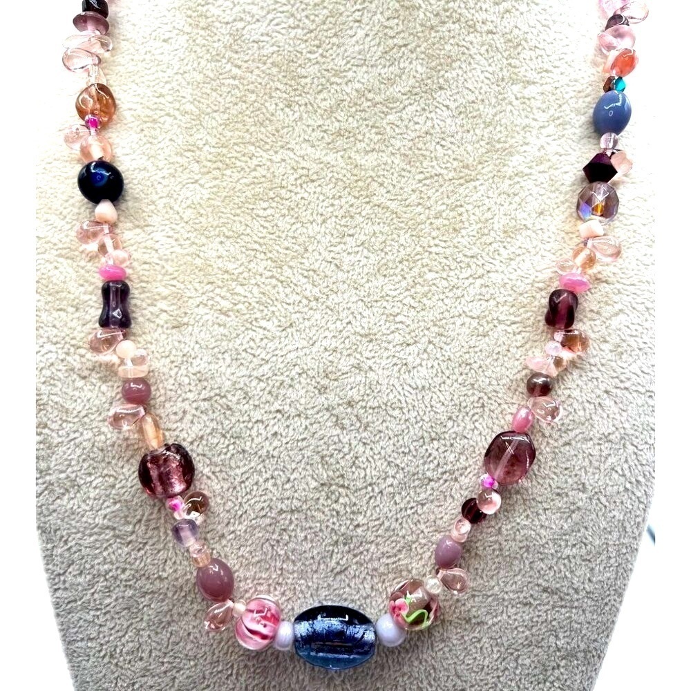 Handcrafted Murano Glass Bead Necklace With Pink & Blue Accents.  A28